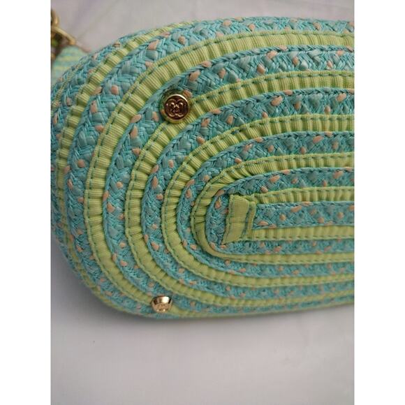 Eric Javits Multicolor Leather Strap Gold Metallic Bag Straw Canvas Stripes - Picture 12 of 12